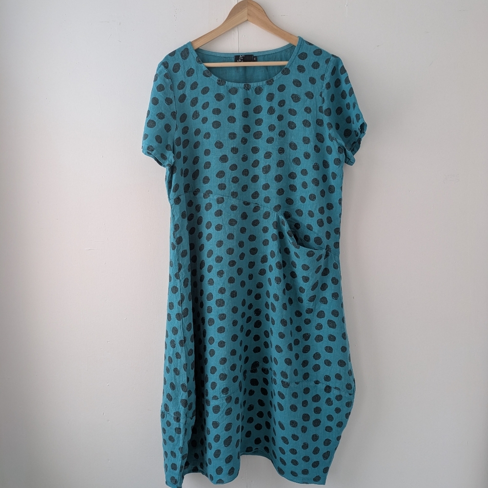 100% Linen Fenini Short Sleeve Polka Dot Teal Midi Ballon Dress Size Medium